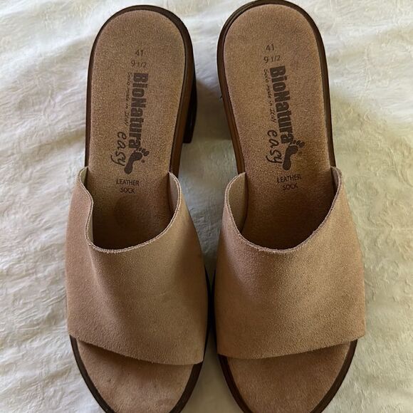 Bionatura Italian Shoes Slides Sandals Tan Leather Wood Size 9.5 or 41 - Picture 2 of 11